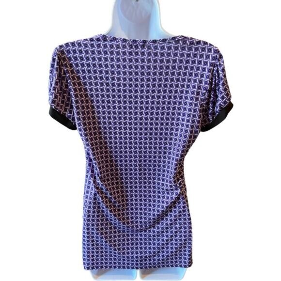Purple Geometric Print Short-Sleeve Top With Black Accents & Bow Detail Womens M - Picture 2 of 7
